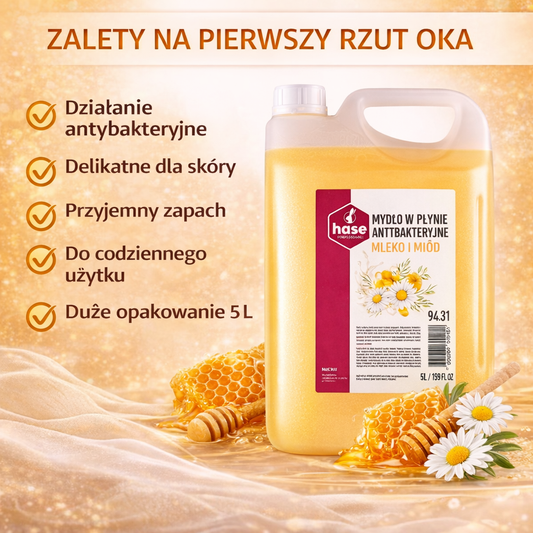 Antybakteryjne Mydło w Płynie Hase Mleko i Miód 5l – Nawilżające, Ochronne, Wydajne