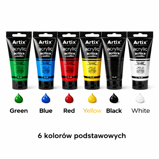 farby akrylowe Artix zestaw 6 kolorów zielony niebieski czerwony żółty czarny biały tubki 75 ml
