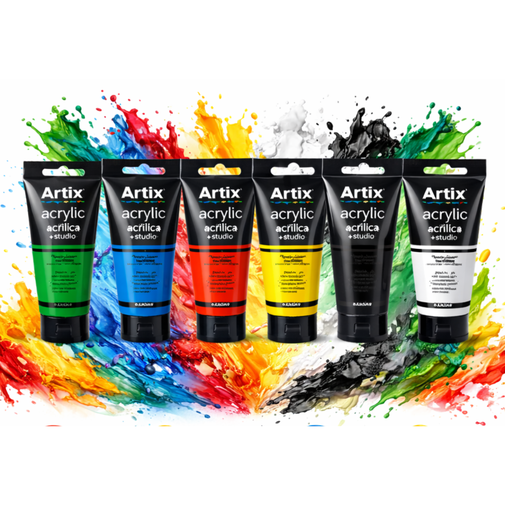farby akrylowe Artix zestaw 6 kolorów zielony niebieski czerwony żółty czarny biały tubki 75 ml