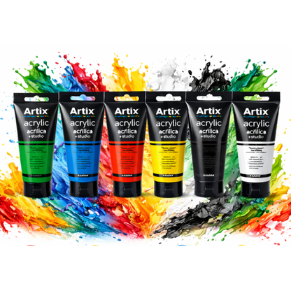 farby akrylowe Artix zestaw 6 kolorów zielony niebieski czerwony żółty czarny biały tubki 75 ml